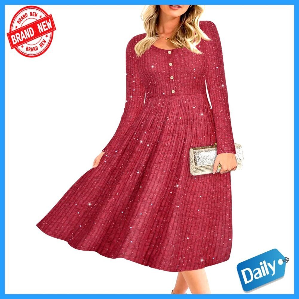 Plus Size Sweater Dress Long Sleeve Henley Crew Neck Pullover Casual Fall